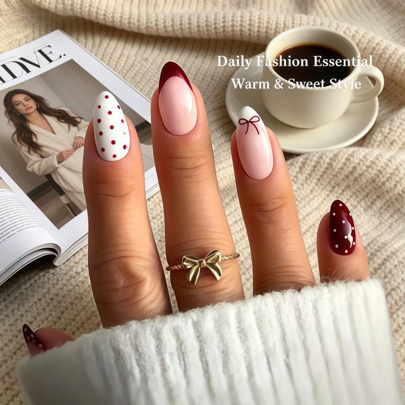 Nail Art Red Wine - Neue 24-teilige rotweinrote, gepunktete, mandelförmige, glänzende,