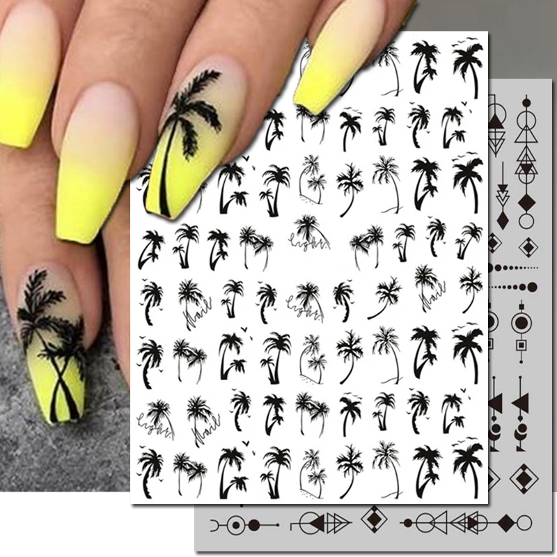 Nail Art Leopard - 3D-Nagelkunst-Abziehbilder, geometrische Linien, Kokosnussbaum, Palmen, Blätter,