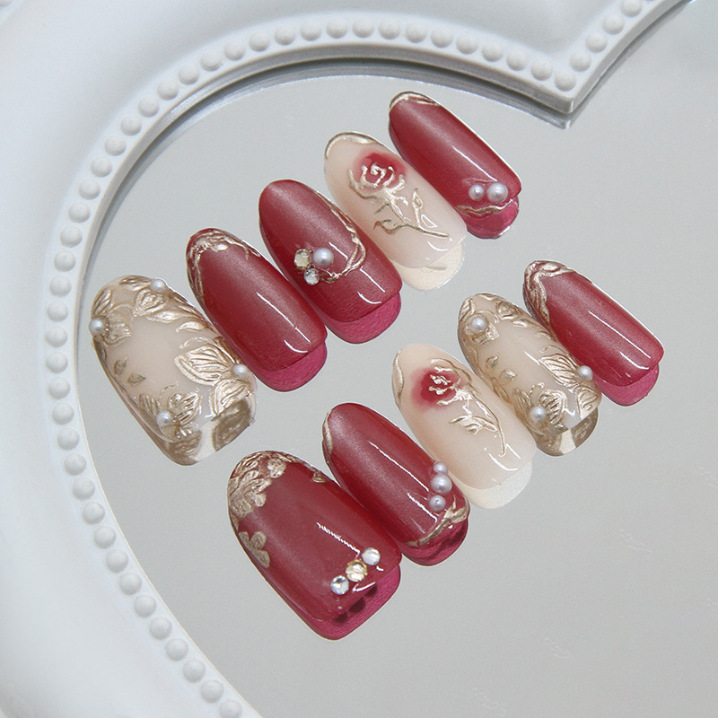 Nail Art Red Wine - 24 Stück Kurze Ovale Retro Aufklebenägel