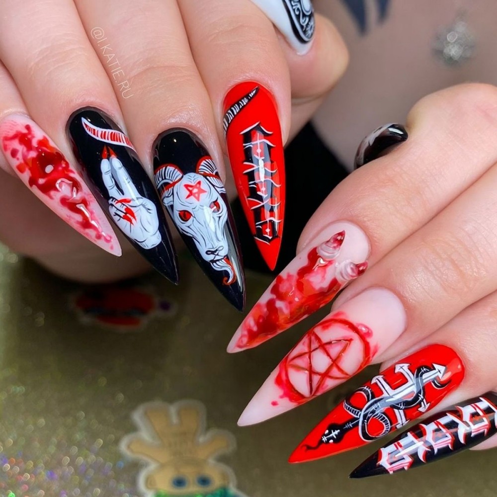 Nail Art Vampire - 24 Stück Halloween Lange Stiletto Aufklebenägel