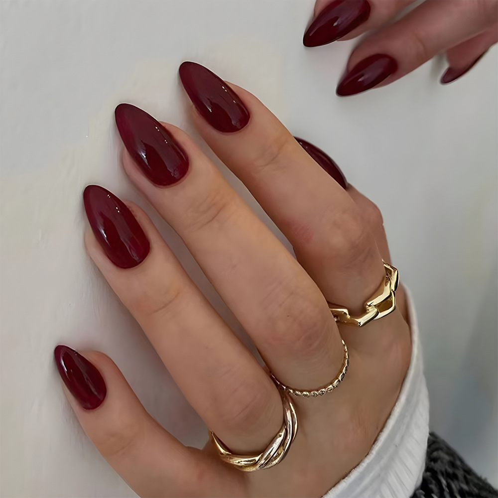 Nail Art Red Wine - Weinrote künstliche Nägel, mittellange Mandel-Nägel zum