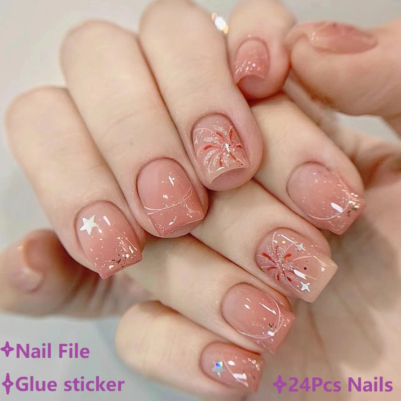 Nail Art Ombre Pink - Kurze rosa Press-on-Nägel, einfache Ombre-Frühlings-Kunstnägel, abnehmbare,